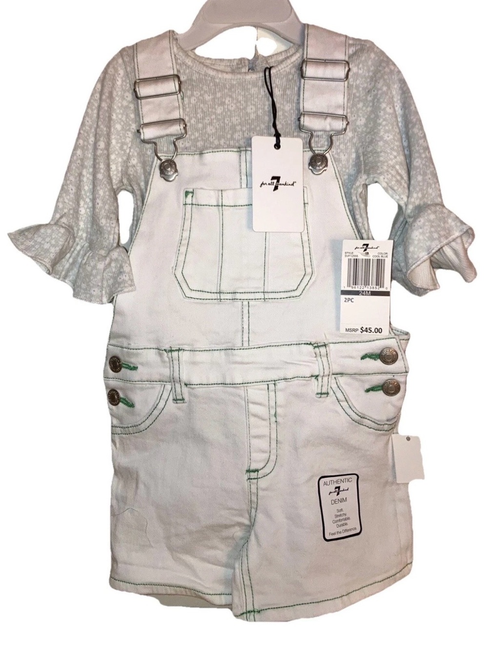 Toddler Girls 7 For All Mankind 2-Pc Cool Blue Overall Set Stretchy Denim 24M